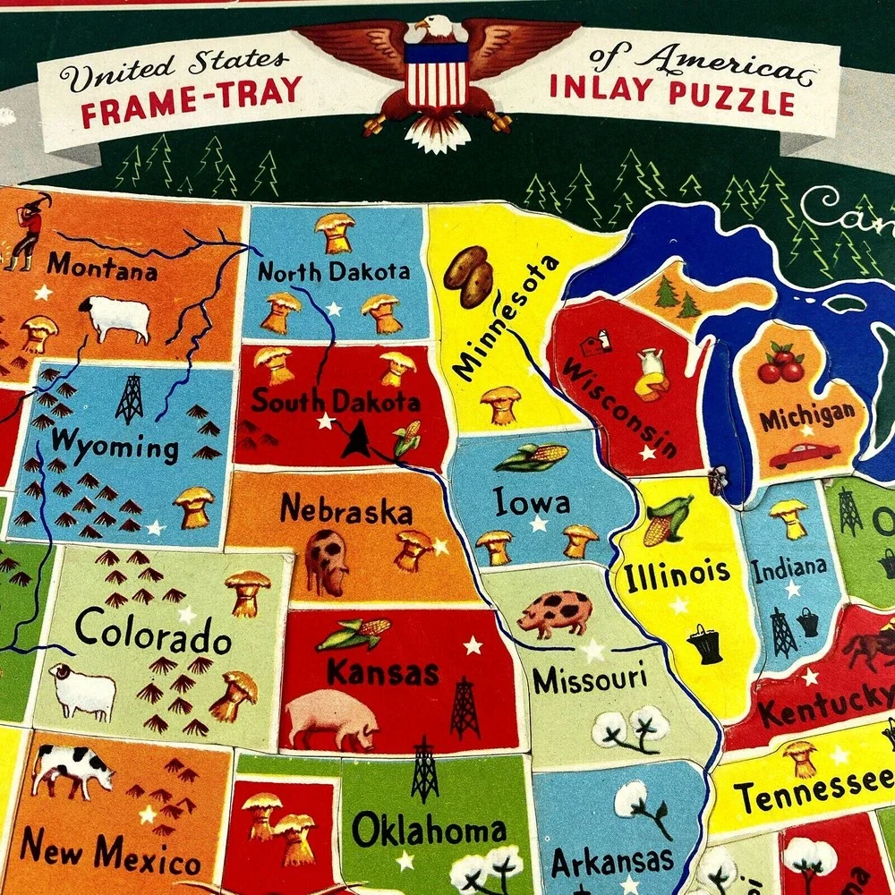 Vintage 1950's Puzzle of the United States of America Frame Tray Inlay COMPLETE